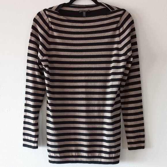 EILEEN FISHER 100% merino wool black and beige striped sweater petite L - Picture 1 of 11